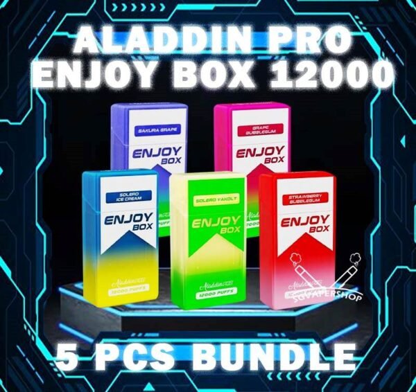 5PCS ALADDIN PRO ENJOY BOX 12000 DISPOSABLE BUNDLE - SG VAPER SHOP The 5PCS ALADDIN PRO ENJOY BOX 12000 DISPOSABLE BUNDLE Package include : 5 x ALADDIN PRO ENJOY BOX 12K PUFFS 1 x Free Gift Free Delivery The ALADDIN PRO ENJOY BOX 12000 puffs , in our Vape Singapore Ready Stock , get it now with us and same day delivery ! Enjoy delicious vaping experience  The ALADDIN Enjoy Box 12k Puffs! Design in a sleek cigarette box style design with a cap for mouthpiece protection! Enjoy 15+ delightful flavors with 12000 smooth puffs, each bursting with sweet perfection! Specification : Nicotine : 50mg (5%) Approx : 12000 puffs Rechargeable Battery 650mAh Charging Port: Type-C ⚠️ALADDIN PRO ENJOY BOX 12000 FLAVOUR LINE UP⚠️ Energy Drink Guava Hazelnut Coffee Strawberry Mango Honeydew Syrup Bandung Strawberry Blackcurrant Mango Strawberry Kiwi Yakult Strawberry Grape Double Mango Candy Honeydew Yakult Mango Yakult Mango Peach Sour Bubblegum Solero Lime Gummy Bear Grape Lychee Grape Bubblegum Mixed Bubblegum Mango Bubblegum Sakura Grape Strawberry Bubblegum Solero Yakult Solero Ice Cream White Coffee SG VAPE COD SAME DAY DELIVERY , CASH ON DELIVERY ONLY. TAKE BULK ORDER /MORE ORDER PLS CONTACT ME : SGVAPERSHOP VIEW OUR DAILY NEWS INFORMATION VAPE : TELEGRAM CHANNEL