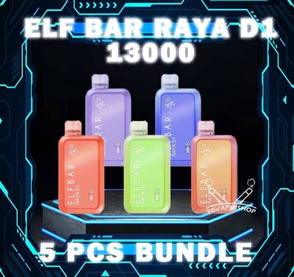 5PCS ELFBAR RAYA D1 13000 DISPOSABLE BUNDLE - SG VAPER SHOP The 5PCS ELFBAR RAYA D1 13000 DISPOSABLE BUNDLE Package include : 5 x ELFBAR RAYA D1 13K PUFFS 1 x Free Gift Free Delivery Introduce the ELF BAR RAYA D1,  a premium disposable pod equipped with mesh coil technology, boasting an impressive 13000 Puffs. Crafted by ELFBAR's expert team, the mesh coil ensures a seamless and intense flavor experience with every puff. Moreover, it featuring a screen display that will provide you with information about battery power and the remaining liquid level in your RAYA D1! Specification : Approx. 13000 Puffs Capacity 18ml Rechargeable Battery 650mAh Anti Dry-Burn Protection E-liquid & Power Display Screen Charging Port: Type-C ⚠️ELF BAR RAYA D1 13000 FLAVOUR LINE UP⚠️ Apple Orange Bubblegum Kiwi Guava Grape Mango Lychee Bubblegum Mango Strawberry Ice Cream Peach Lychee Blackcurrant Ribena Lychee Solero Strawberry Guava Lychee Juicy Peach Cola Masam Bubblegum Mix Berries SG VAPE COD SAME DAY DELIVERY , CASH ON DELIVERY ONLY. TAKE BULK ORDER /MORE ORDER PLS CONTACT ME : SGVAPERSHOP VIEW OUR DAILY NEWS INFORMATION VAPE : TELEGRAM CHANNEL