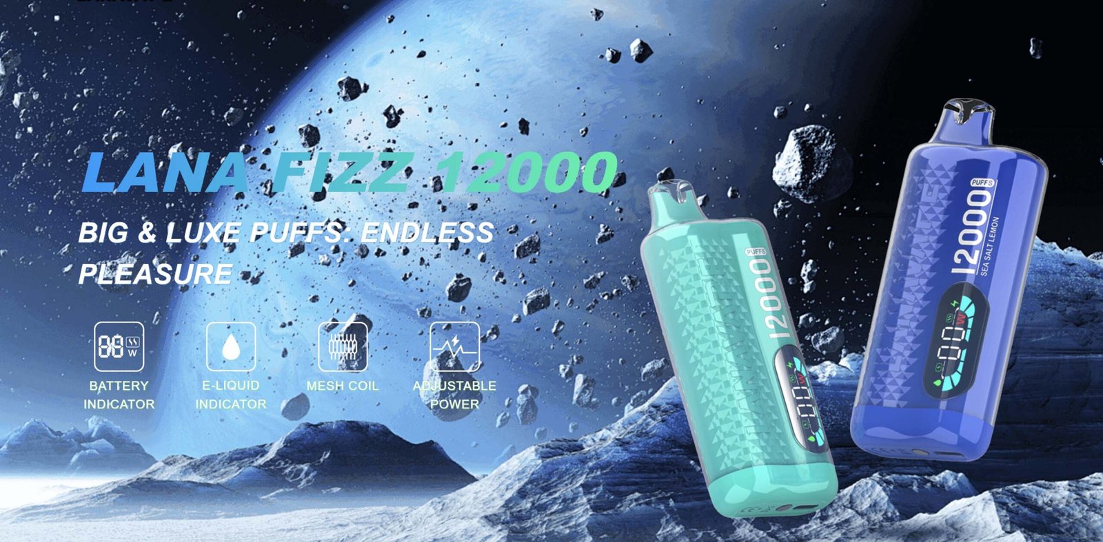 LANA FIZZ 12000 PUFFS It's a Big & Luxe Puffs: Endless Pleasure! Adjustable Power, Battery Indicator and E-liquid Indicator. Compact, Potent and Effortlessly convenient. With 12,000 Puffs on deck, Your satisfaction is assured. DASHBOARD INDICATOR LEADS THE WAY Your Personal vape GPS for battery and E-liquid levels. Keeping you stay on track and full steam ahead with clear car-inspired displays. POWER UP YOUR VAPE WITH YOUR PREFERENCES 3 Presses to Control over your vaping Journey adjustable Power. From 13W to 16W. Find your sweet spot and enjoy the perfect hie every time. ALWAYS ON THE GO Armed with a 550mAh Battery and rapid-changing USB-C Technology, Just grab and go for your parties! LANA-EXCLUSIVE MESH COIL With LANAVAPE'S Exclusive mesh coil Technology. Flavour Enhancement reaches newmeights, Guaranteeing a consistent smooth and satisfying vaping experience while. Eliminating burnt taste. QUIET LUXURY Crafted with a timeless color palette and adorned with diamond patterns, Lana Fizz Features a crystal-clear plastic surface that exudes elegance and style. 12 SURPRISES AWAIT Stay your day with a burst of Colombian coffee flavour, Then savor the refreshing layers of our multilayered blends to keep you feeling layers of our multilayered.