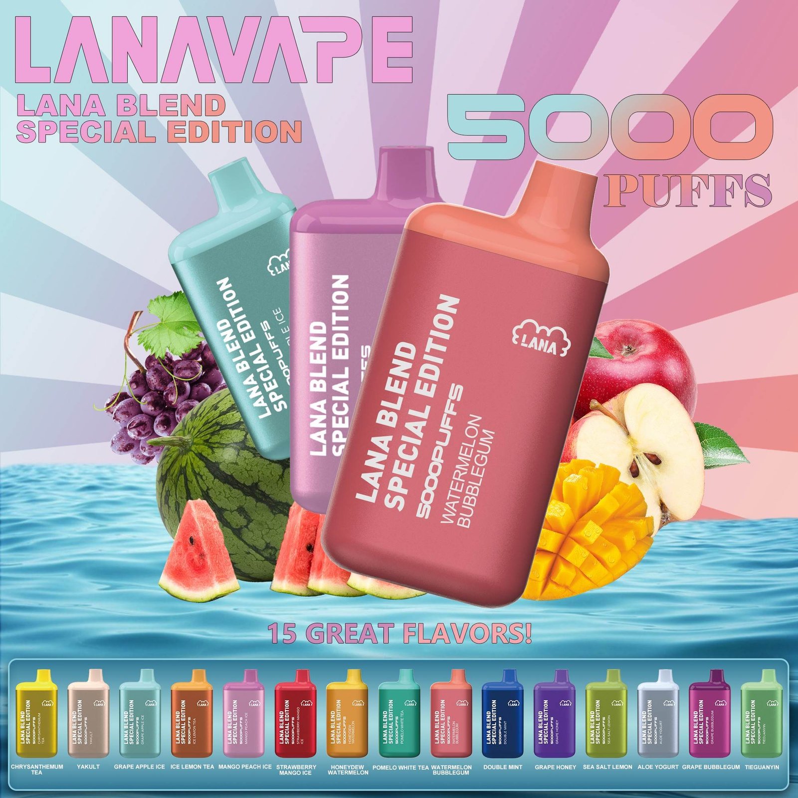 LANA BLEND 5000 PUFFS The LANA BLEND SPECIAL EDITION 5K PUFFS ready stock at Singapore sg vaper shop now! available 15 plus+ great flavour line up! Mesh Coil with 850 mAh battery, Nicotine contains of 3%, E-liquid 7ML and Rechargeable Type-C design.