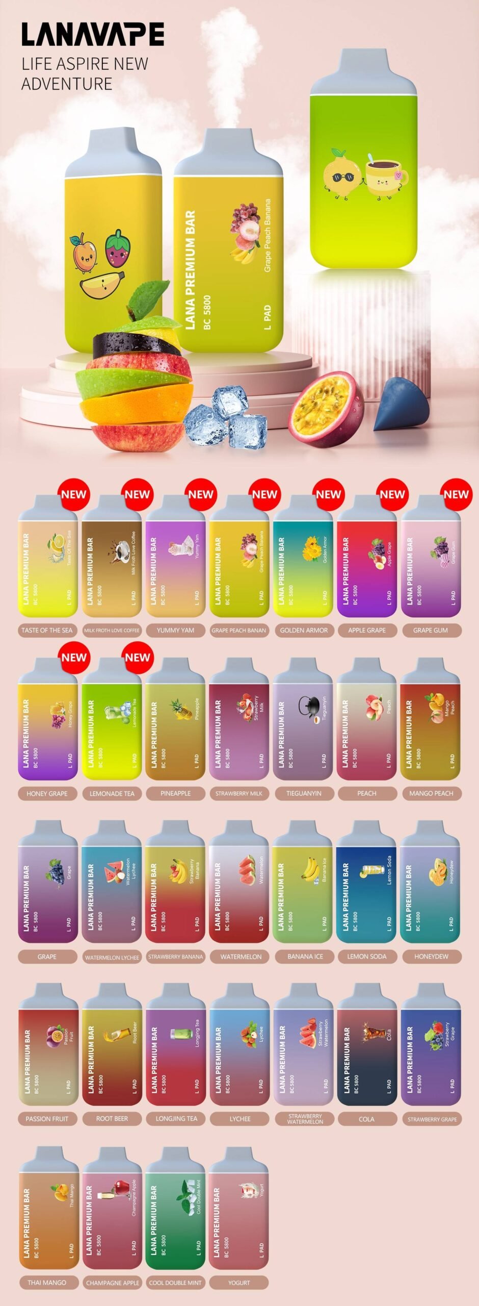 LANA PREMIUM 5800 PUFFS The LANA PREMIUM 5.8K PUFFS ready stock at Singapore sg vaper shop now! available 20 plus+ great flavour line up! Mesh Coil with 650 mAh battery, Nicotine contains of 3%, E-liquid 13ML and Rechargeable Type-C design.