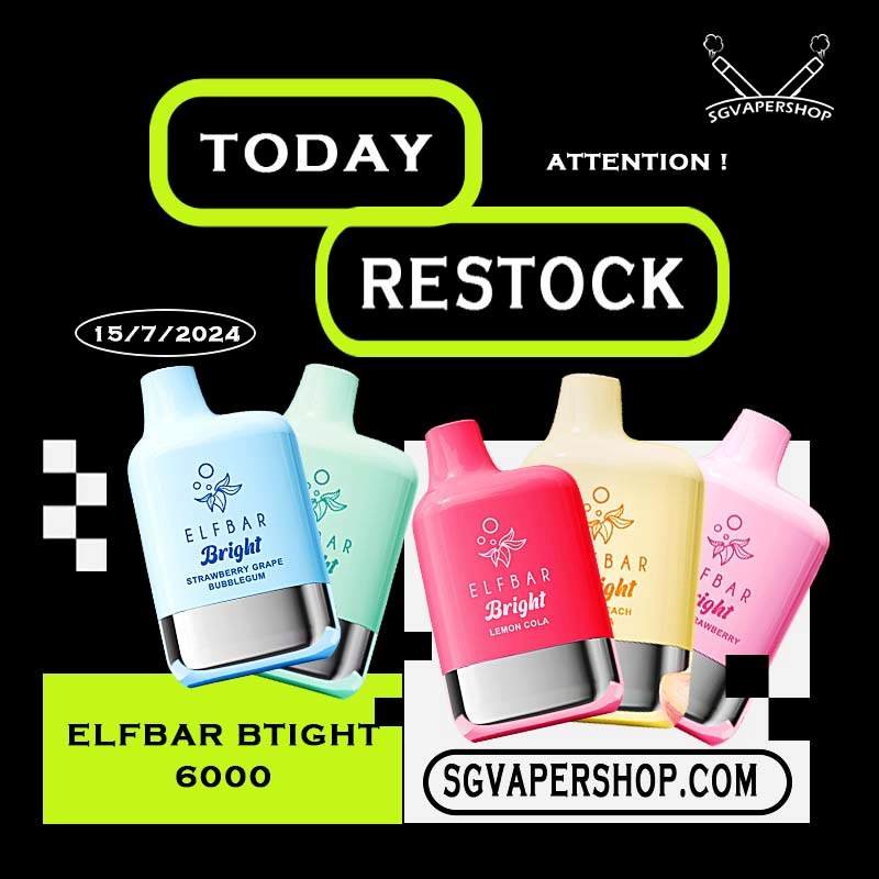 15/7/2024 - ELFBAR BRIGHT 6000 DISPOSABLE RESTOCK – ELFBAR BRIGHT 6k DISPOSABLE VAPE – 15/7/2024 Welcome to our online vape store in Singapore,The #1 destination for all your vaping needs! We offer a wide selection of the latest world class vape devices,pods,and disposable that area always in stock and ready to ship in singapore for vape delivery. Next I will introduce to you which are the best-selling vapes that we restock today! Ready stock at Singapore Vape sg shop on sale for same day delivery. Elfbar Bright 6000 Disposable Vape Flavours available: Apple Strawberry Mango Bubblegum Mint Double Peach Mango Watermelon Double Strawberry Ice Cream Double Strawberry Juicy Peach Fanta Lemon Cola Lychee Grape Honeydew Mixed Kiwi Passion Strawberry Grape Bubblegum For RESTOCK ELFBAR BRIGHT 6K DISPOSABLE-15072024 vape product available at SG VAPE SHOP here, get it now with us and same day delivery! TAKE BULK ORDER /MORE ORDER PLS CONTACT ME : SG VAPER SHOP VIEW OUR DAILY NEWS INFORMATION VAPE : TELEGRAM CHANNEL