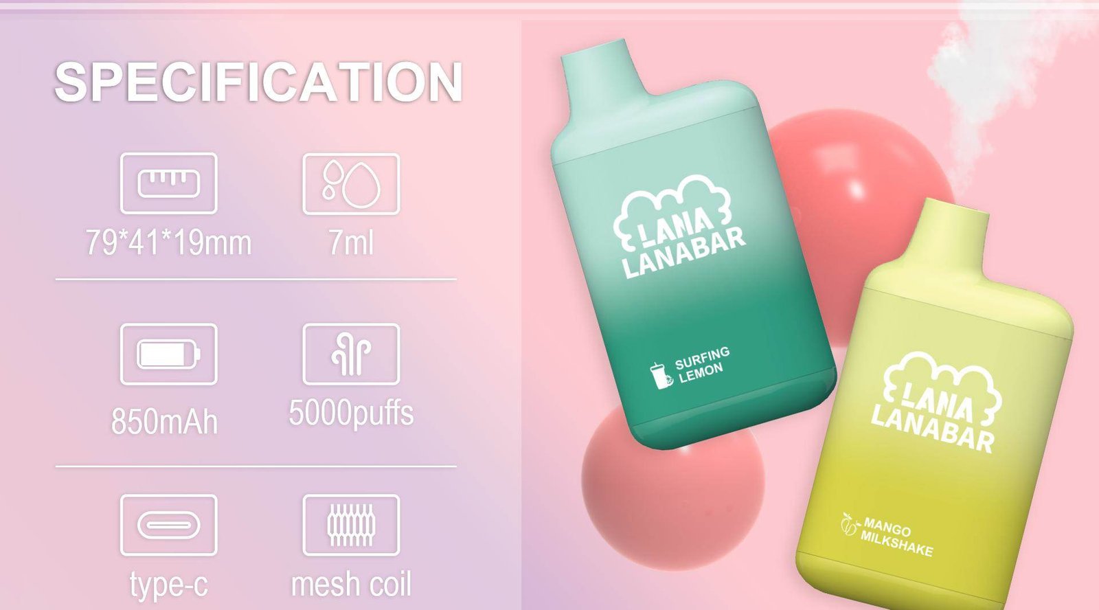 LANA BAR 5000 PUFFS Try LANAVAPE enjoy yourself! Mesh Coil with 850 mAh battery, Nicotine contains of 3%, E-liquid 7ML and Rechargeable Type-C design. Available 30 Plus+ more flavour stay tuned!