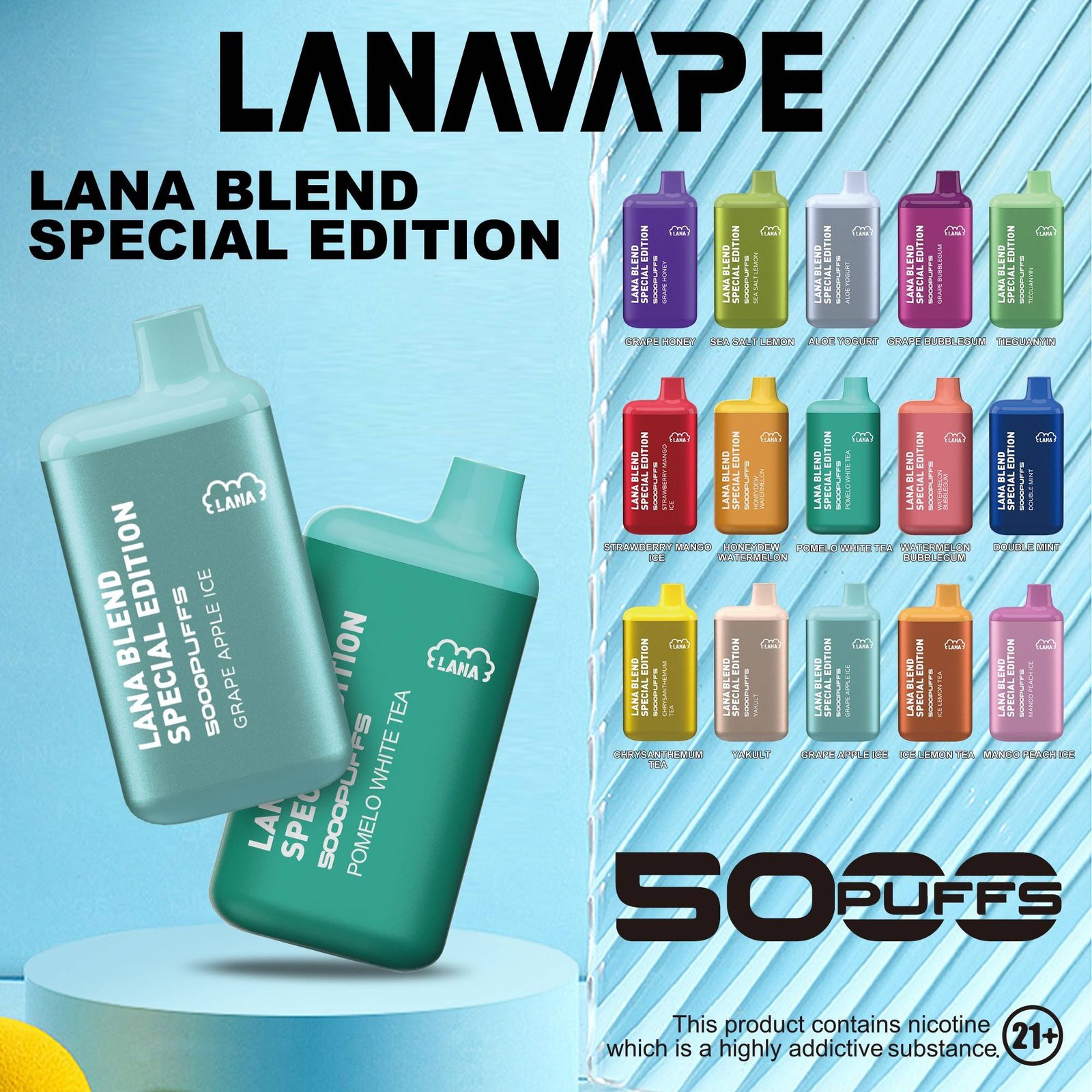LANA BLEND 5000 PUFFS The LANA BLEND SPECIAL EDITION 5K PUFFS ready stock at Singapore sg vaper shop now! available 15 plus+ great flavour line up! Mesh Coil with 850 mAh battery, Nicotine contains of 3%, E-liquid 7ML and Rechargeable Type-C design.