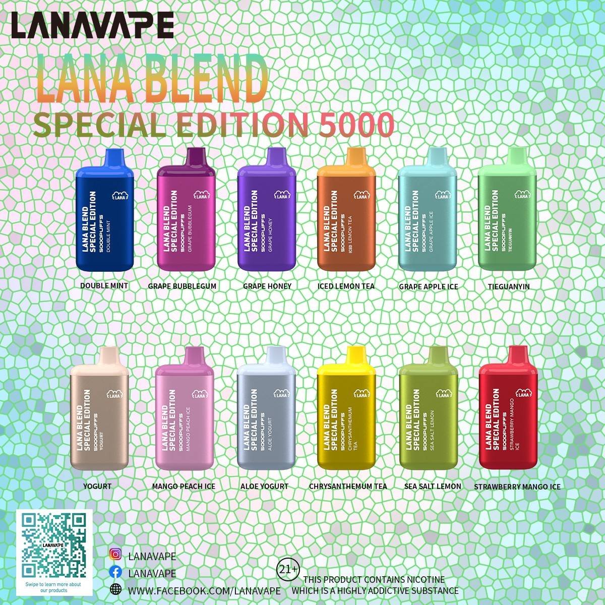 LANA BLEND 5000 PUFFS The LANA BLEND SPECIAL EDITION 5K PUFFS ready stock at Singapore sg vaper shop now! available 15 plus+ great flavour line up! Mesh Coil with 850 mAh battery, Nicotine contains of 3%, E-liquid 7ML and Rechargeable Type-C design.