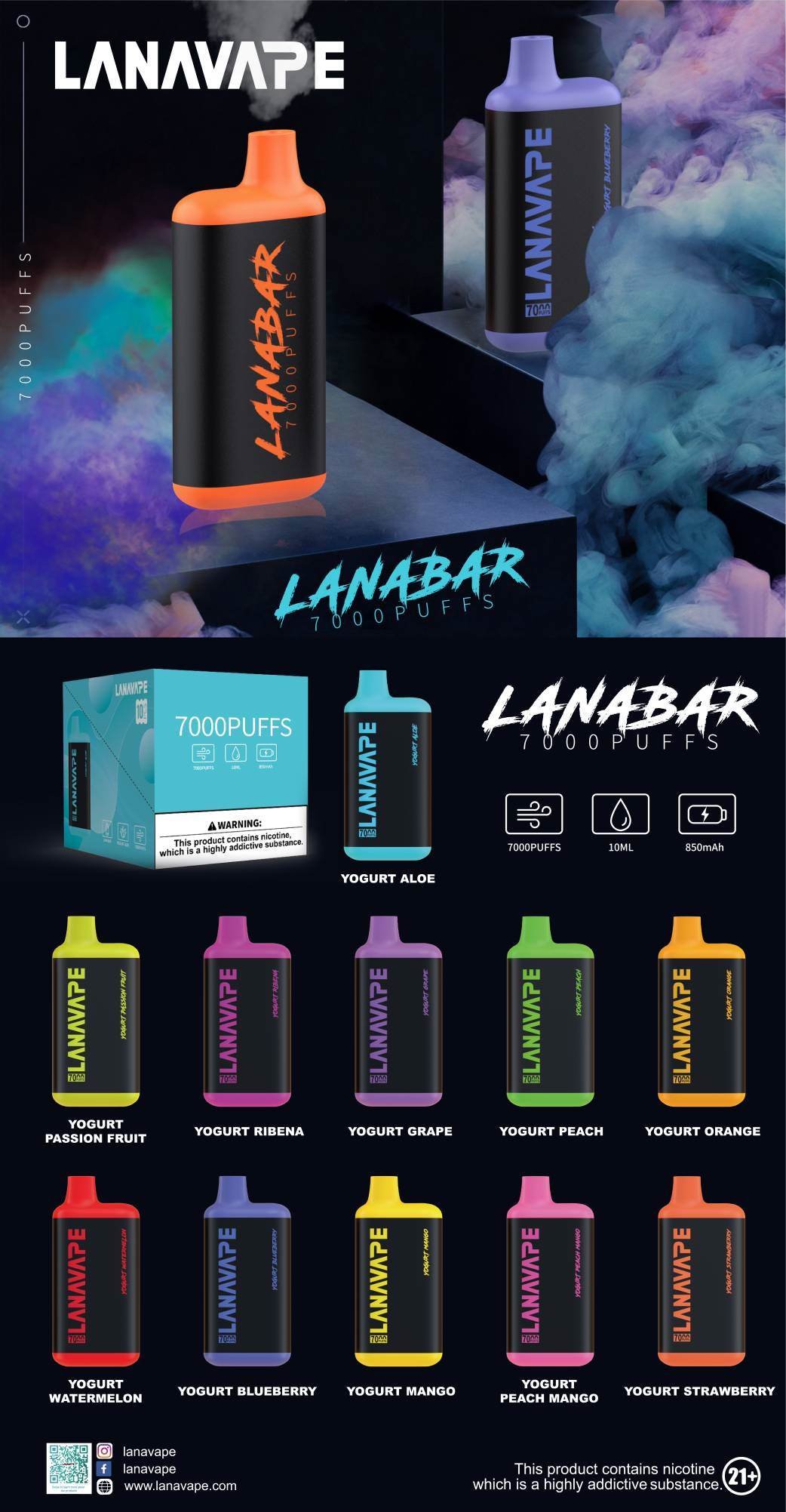 LANA BAR 7000 PUFFS This vape ready stock at Singapore sg vaper shop now! available 10 plus+ great flavour line up! Mesh Coil with 850 mAh battery, Nicotine contains of 3%, E-liquid 10ML and Rechargeable Type-C design.