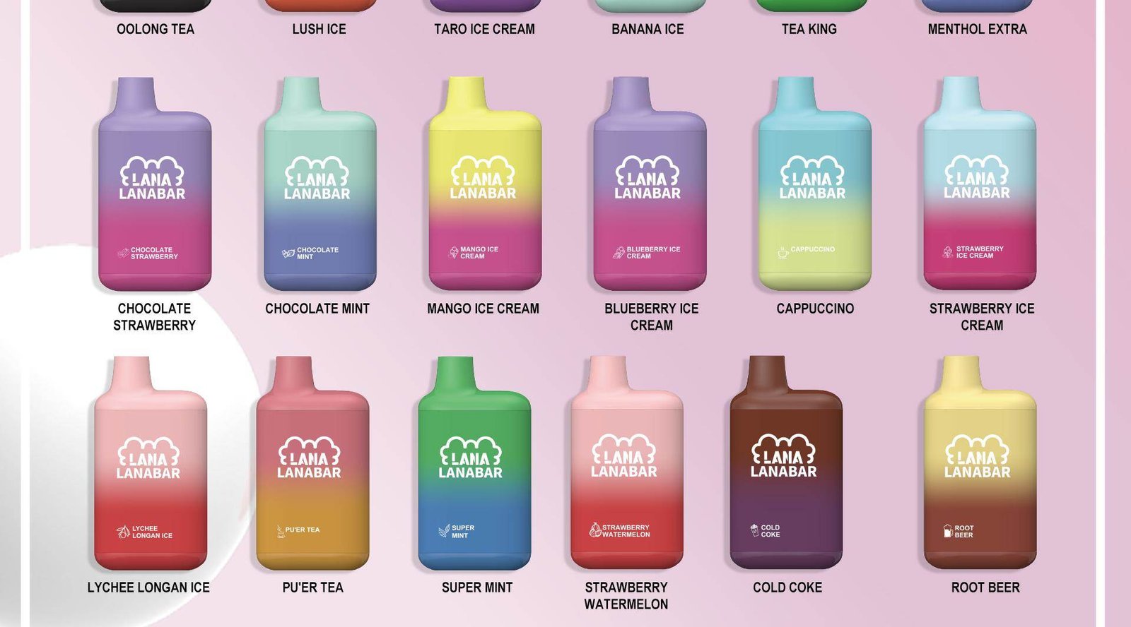 LANA BAR 5000 PUFFS Try LANAVAPE enjoy yourself! Mesh Coil with 850 mAh battery, Nicotine contains of 3%, E-liquid 7ML and Rechargeable Type-C design. Available 30 Plus+ more flavour stay tuned!