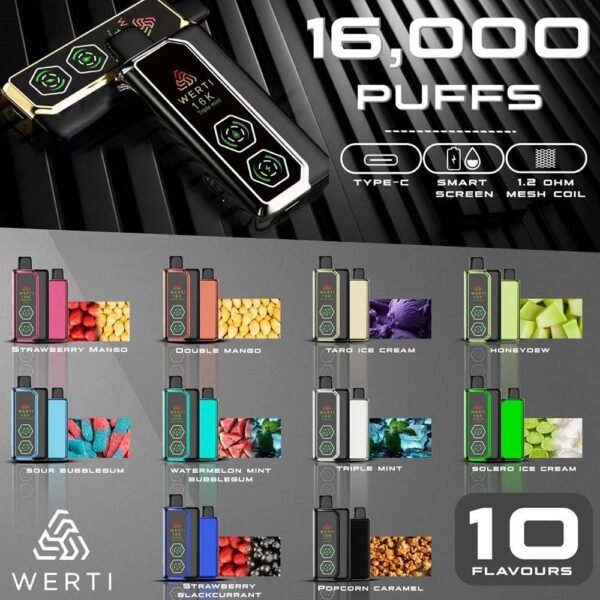 WERTI 16000 SMART SCREEN DISPOSABLE - SG VAPER SHOP SINGAPORE The Werti 16000 puffs Smart Screen disposable vape ready stock in our sg singapore store online shop for same day delivery. Introducing the Werti 16k Puffs, the ultimate disposable vapedevice designed to deliver ab extanded and satisfying vaping experience. Crafted for those who seej convenience without compromising on quality,Werti 16k Puffs offers an impressive range of features that cater to both beginners and seasoned vapers alike. Specifications : Approx. 16000 Puffs 1.2ohm Mesh Coil Rechargeable Battery Smart Screen Charging Port: Type-C ⚠️WERTI 16000 SMART SCREEN FLAVOUR LINE UP⚠️ Double Mango Honeydew Popcorn Caramel Solero Ice Cream Sour Bubblegum Strawberry Blackcurrant Strawberry Mango Taro Ice Cream Triple Mint Watermelon Mint Bubblegum SG VAPE COD SAME DAY DELIVERY , CASH ON DELIVERY ONLY. TAKE BULK ORDER /MORE ORDER PLS CONTACT ME : SGVAPERSHOP VIEW OUR DAILY NEWS INFORMATION VAPE : TELEGRAM CHANNEL